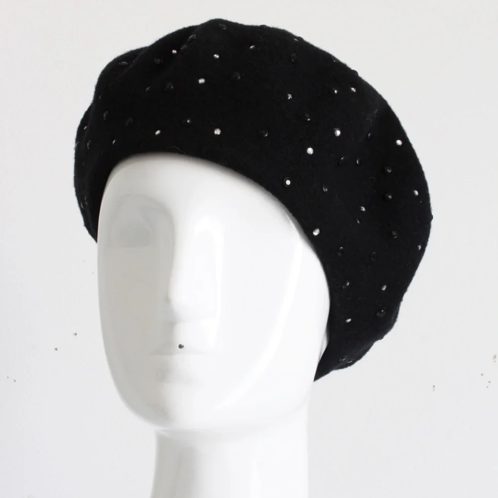 Norma Kamali OMO Hat Beret Black Wool Embellished Rare Retro Vintage 80s